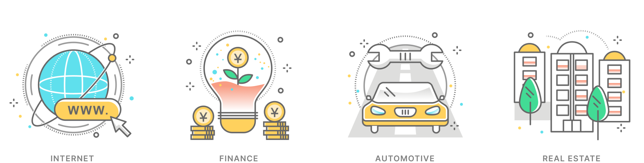 Industry icon designs for internet, finance, automotive, and real estate jobs.