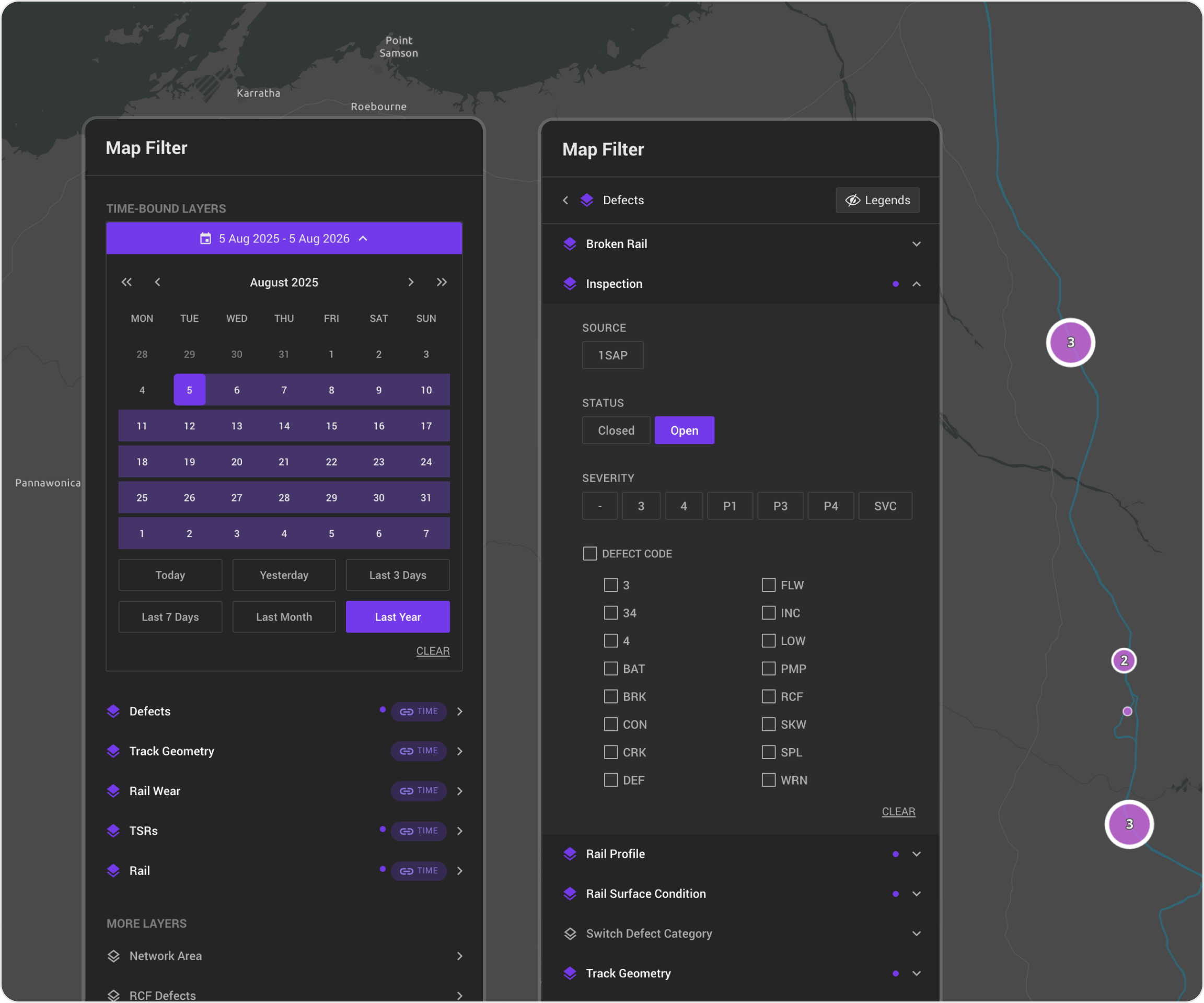 Praedico map with the network filter panel and selected asset table filters.