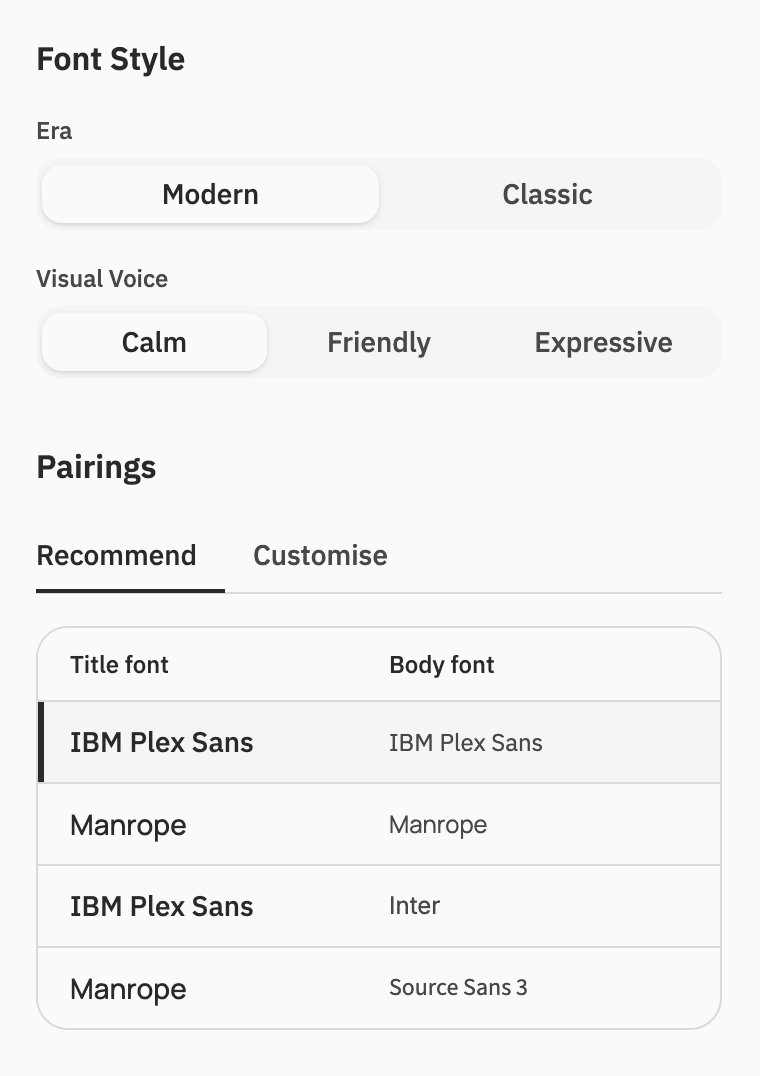 Typography personality and font pairing controls.