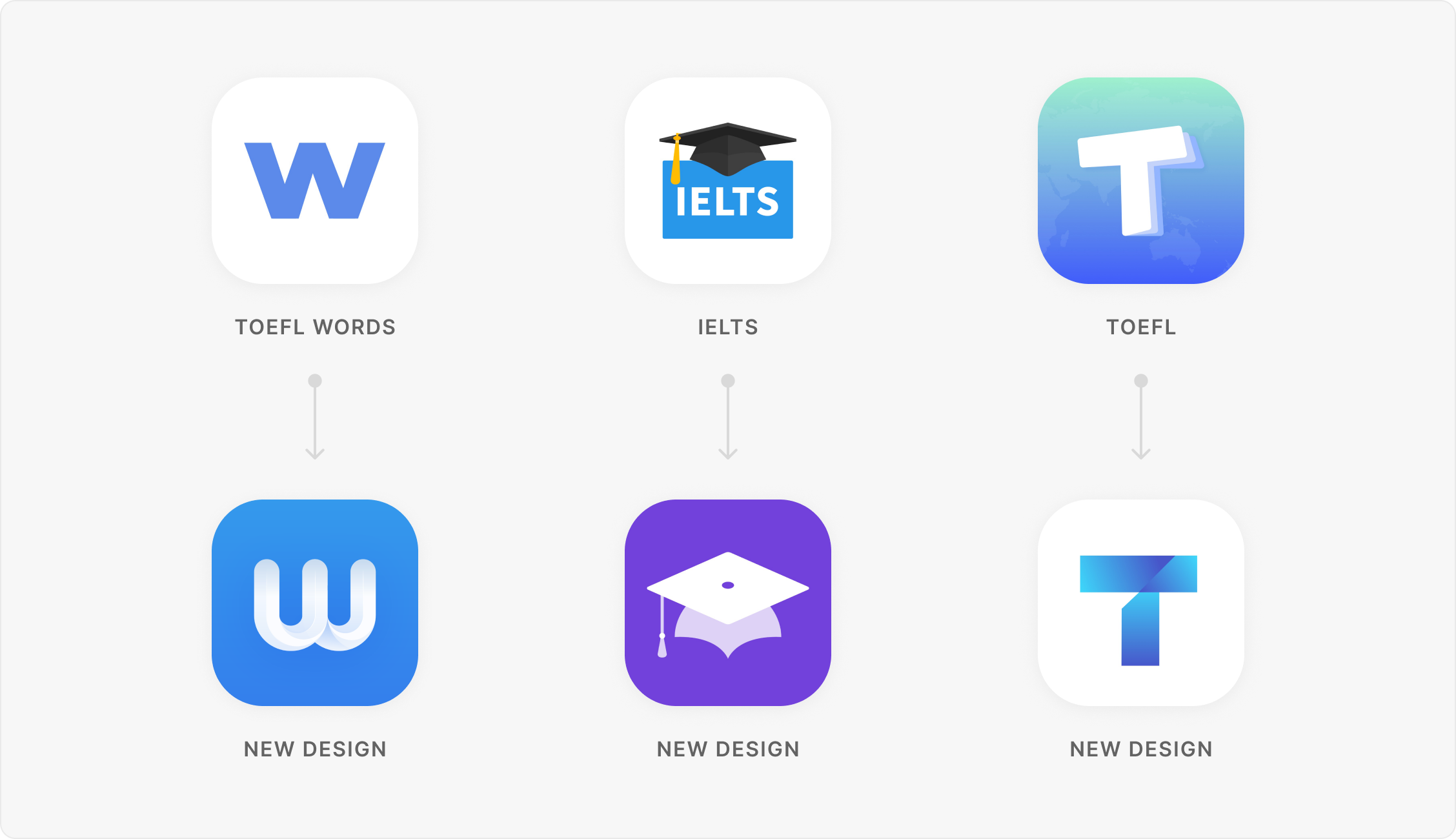 Before and after redesigns for the Xiaozhan IELTS, TOEFL, and vocabulary app logos.
